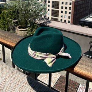 Green Wide-Brim Hat 100% wool with Scarf Accent cotton ribbon